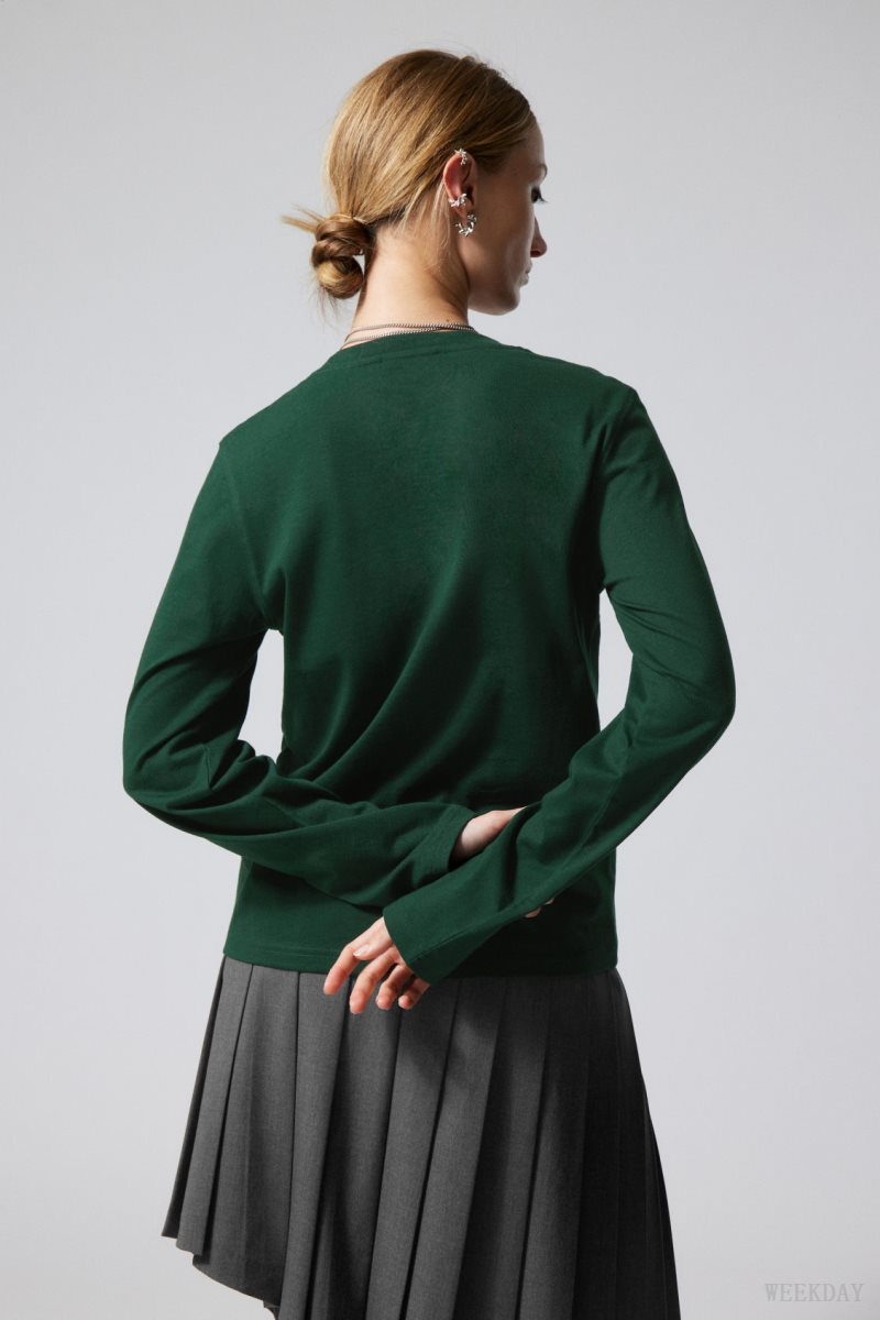 Weekday Essence Standard Long Sleeve Dark Green | WZVB0240