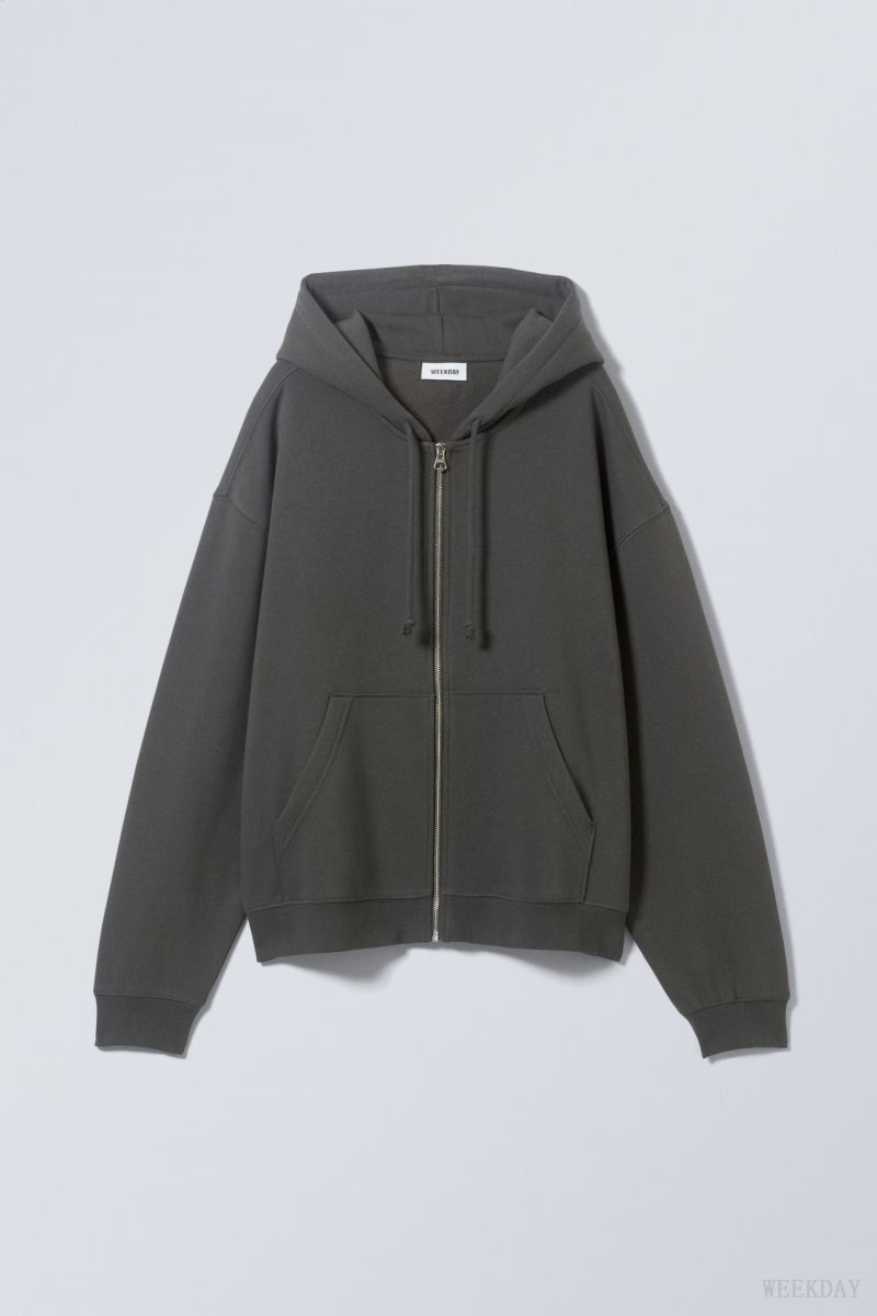 Weekday Essence Standard Zip Hoodie Dark Grey | LUUF7882