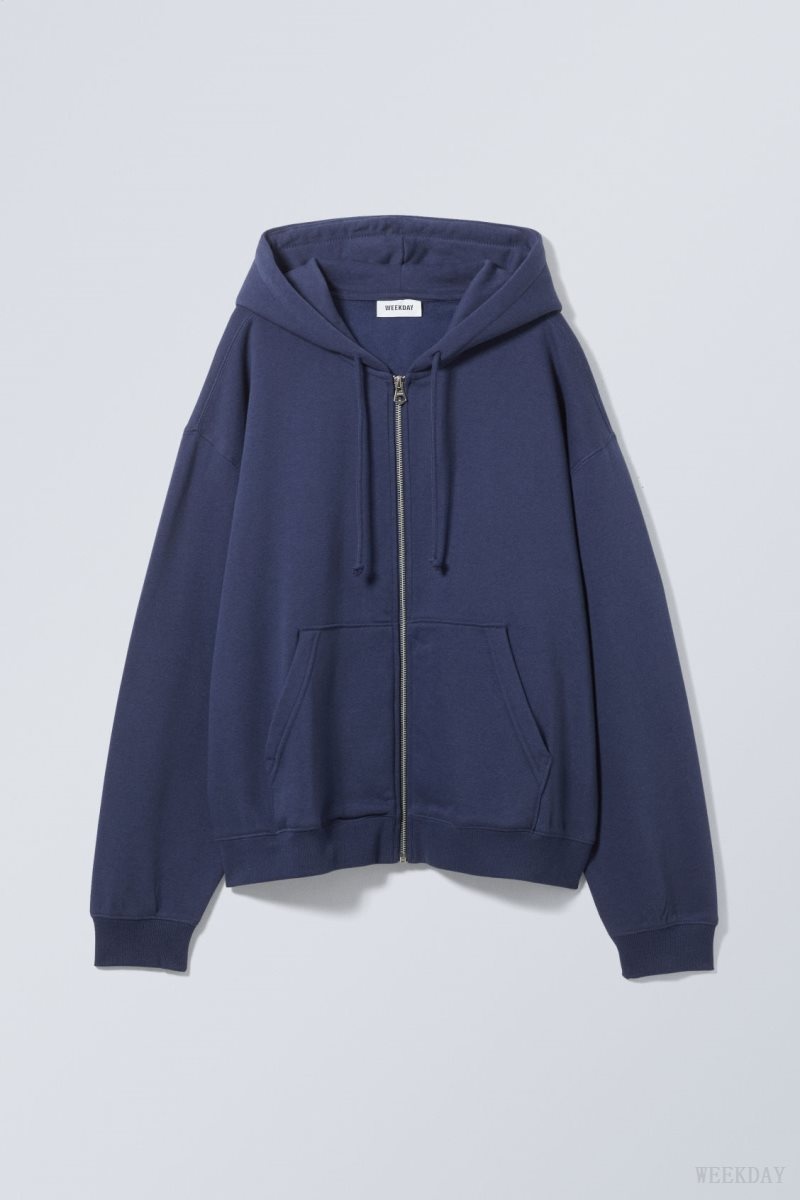 Weekday Essence Standard Zip Hoodie Dark Blue | EUWS4378