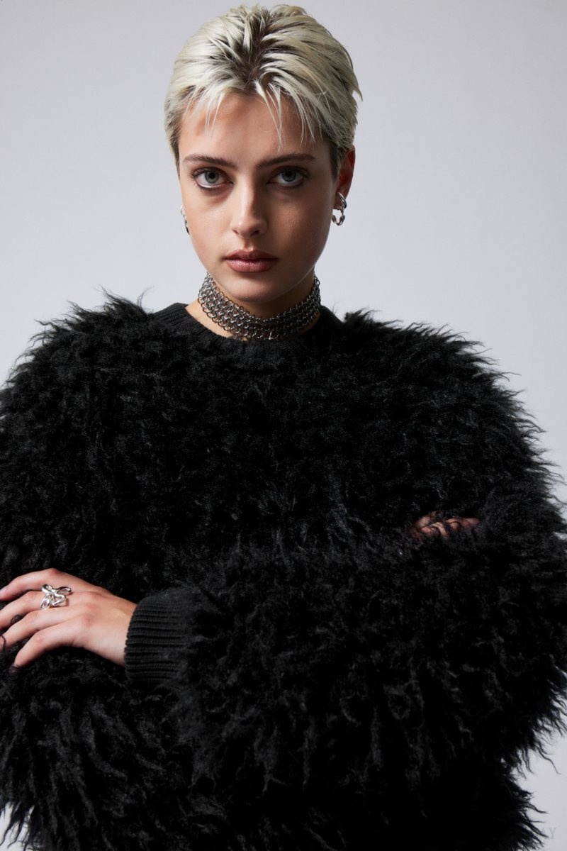 Weekday Fluffy Faux Fur Sweatshirt Black | VVQW6834