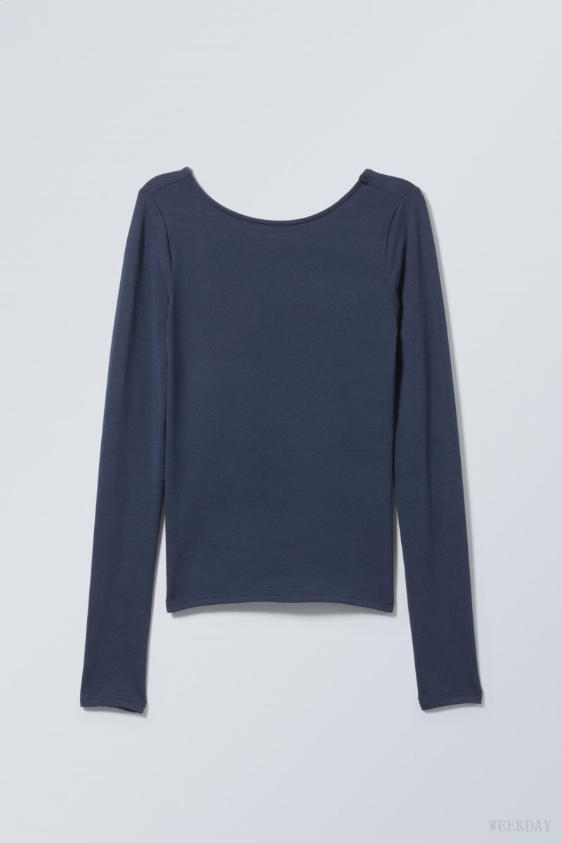 Weekday Gizem Open Back Long Sleeve Top Dark Blue | FGKB6056