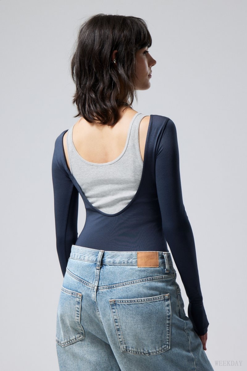 Weekday Gizem Open Back Long Sleeve Top Dark Blue | FGKB6056