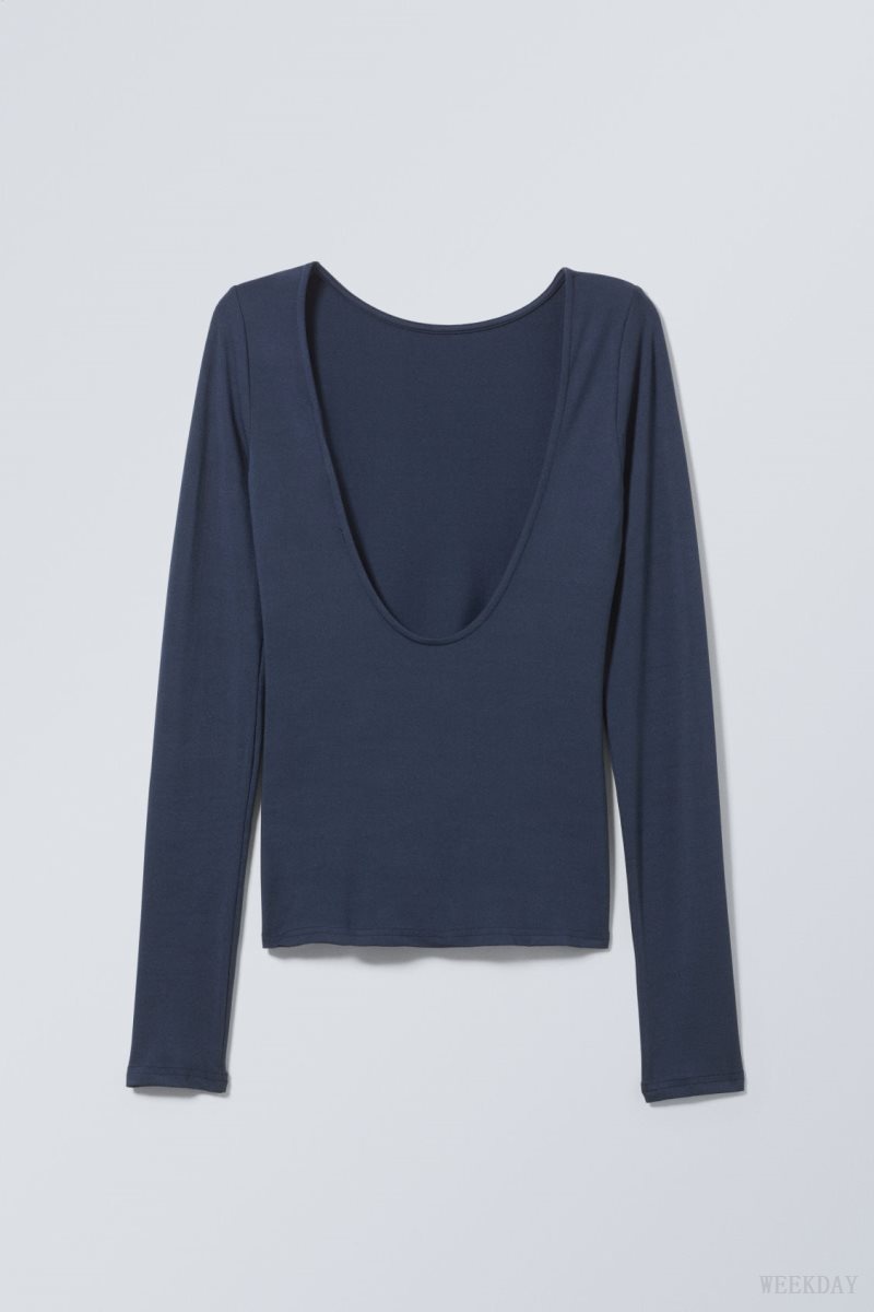 Weekday Gizem Open Back Long Sleeve Top Dark Blue | FGKB6056