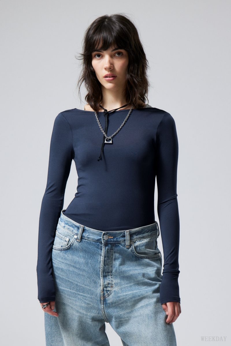 Weekday Gizem Open Back Long Sleeve Top Dark Blue | FGKB6056