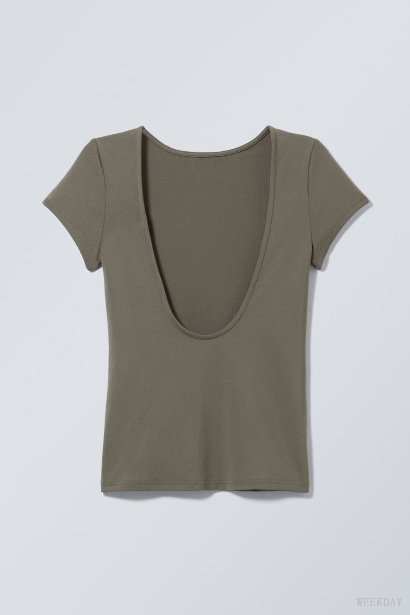 Weekday Gizem Open Back T-shirt Dark Khaki Green | UHCH4854