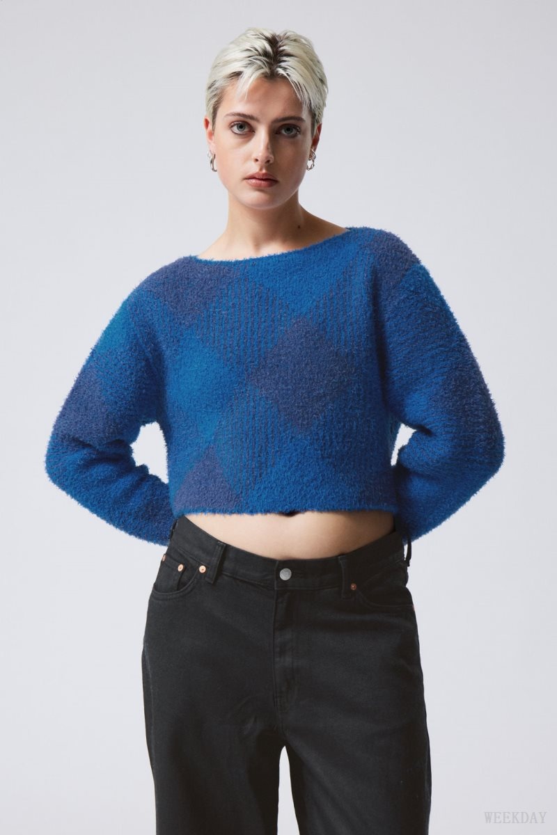 Weekday Hera Check Hairy Sweater Blue | JYAB9617