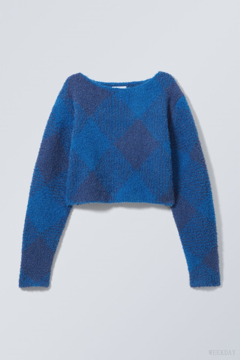 Weekday Hera Check Hairy Sweater Blue | JYAB9617