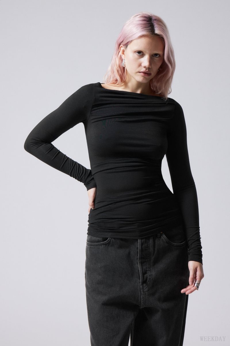 Weekday Jwan Drape Longsleeve Top Black | TERL1842