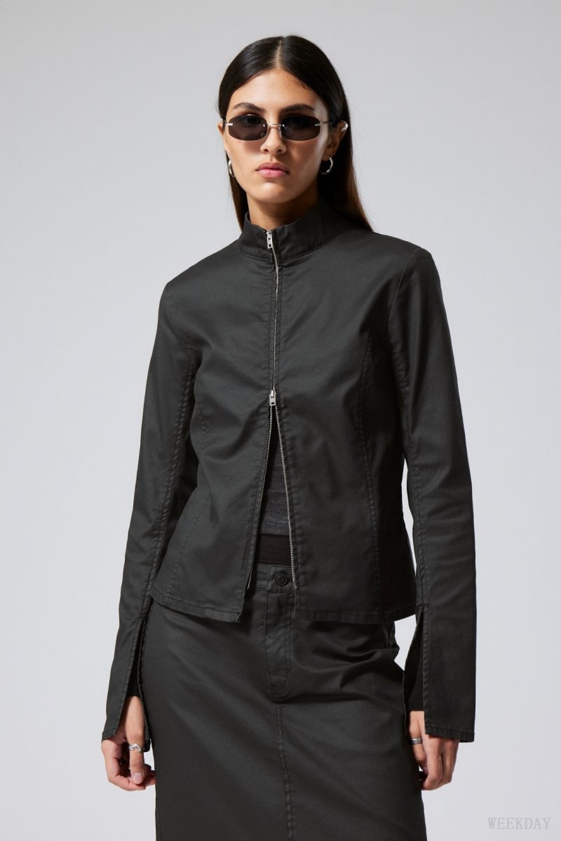 Weekday Kate Coated Zip Shirt Black | ZRVR4017