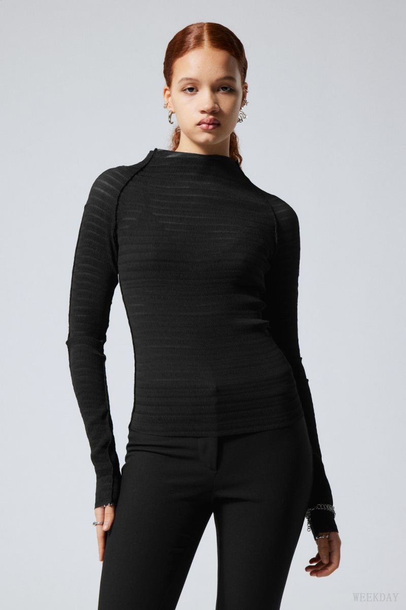 Weekday Laura Long Sleeve Pleated Top Black | FVXE3937