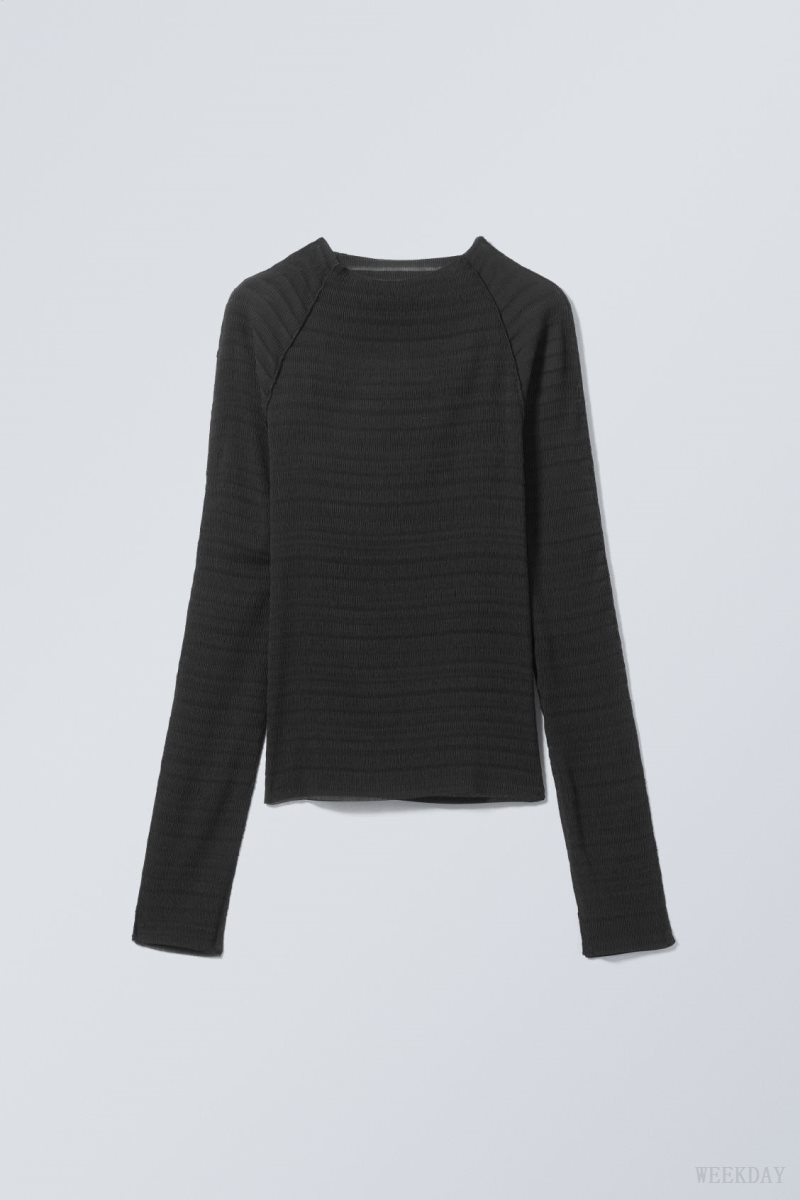 Weekday Laura Long Sleeve Pleated Top Black | FVXE3937