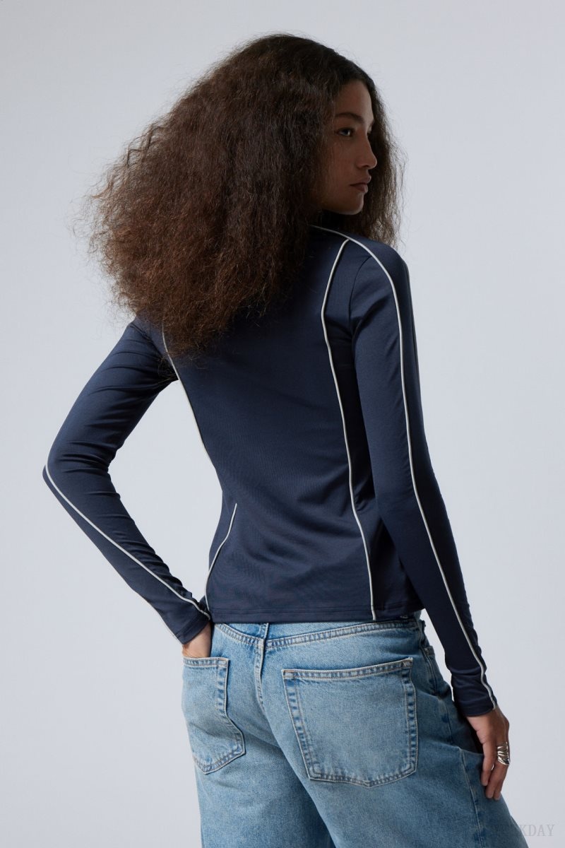 Weekday Lionella Piping ZIp Longsleeve Dark Blue | PWZM7168