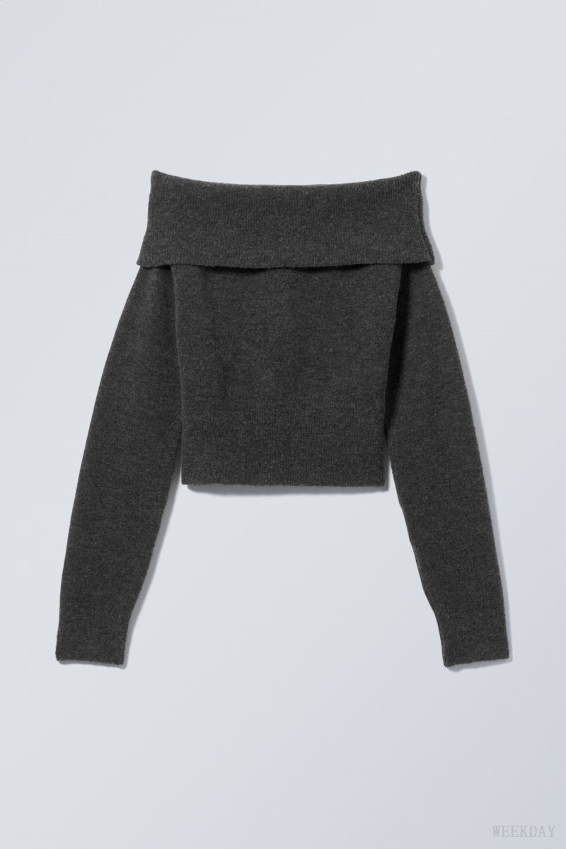 Weekday Lolo Off Shoulder Sweater Dark Grey | BTRB8781