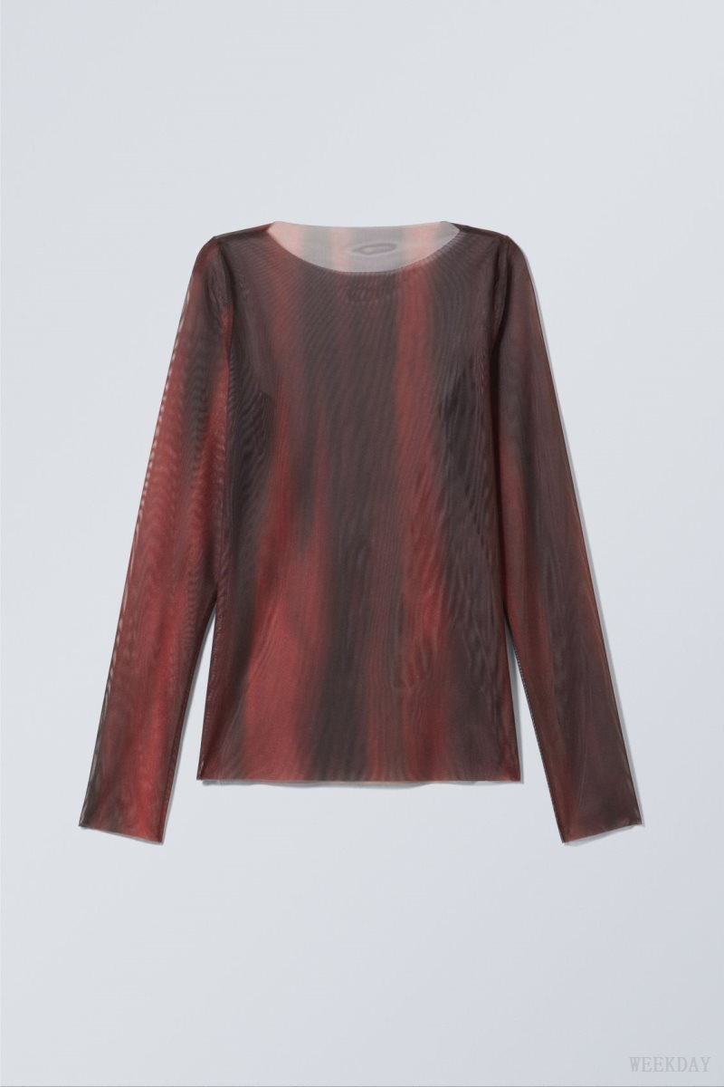 Weekday Long Sleeve Printed Mesh Top Red | OUIL3923