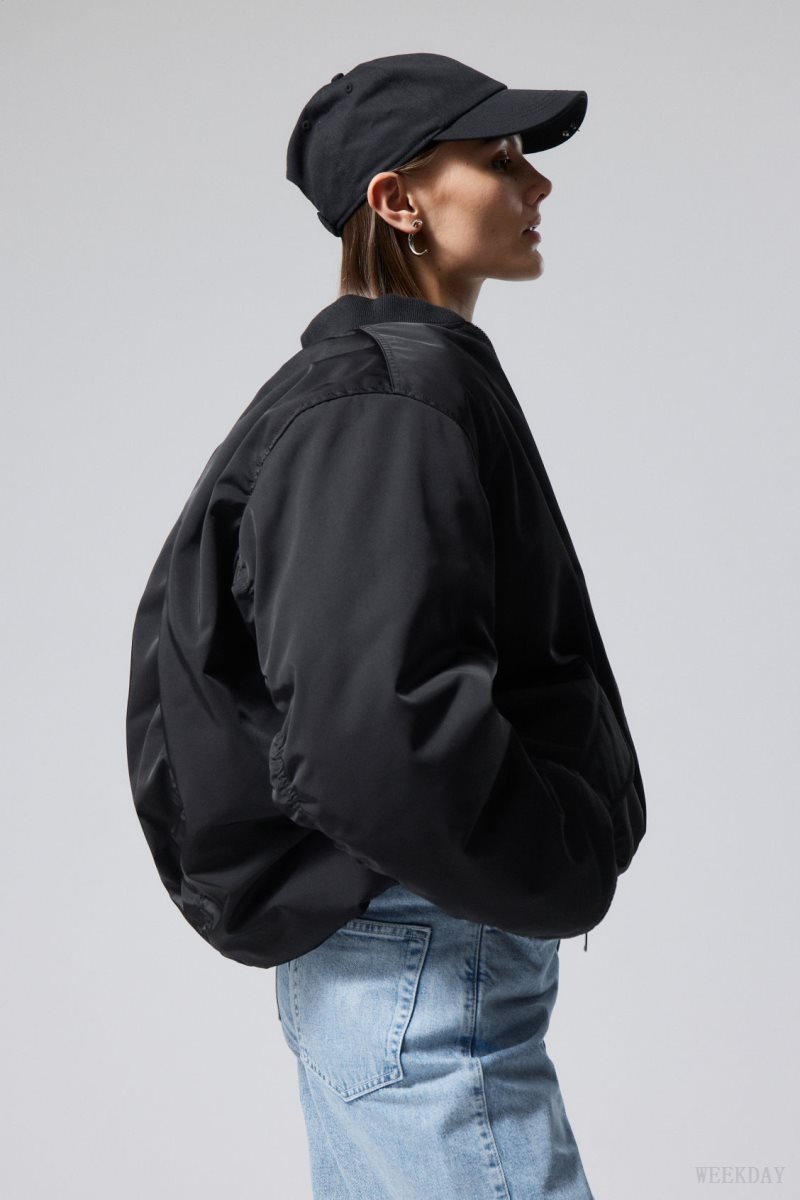 Weekday Lui Oversized Bomber Jacket Black | DQGC8518