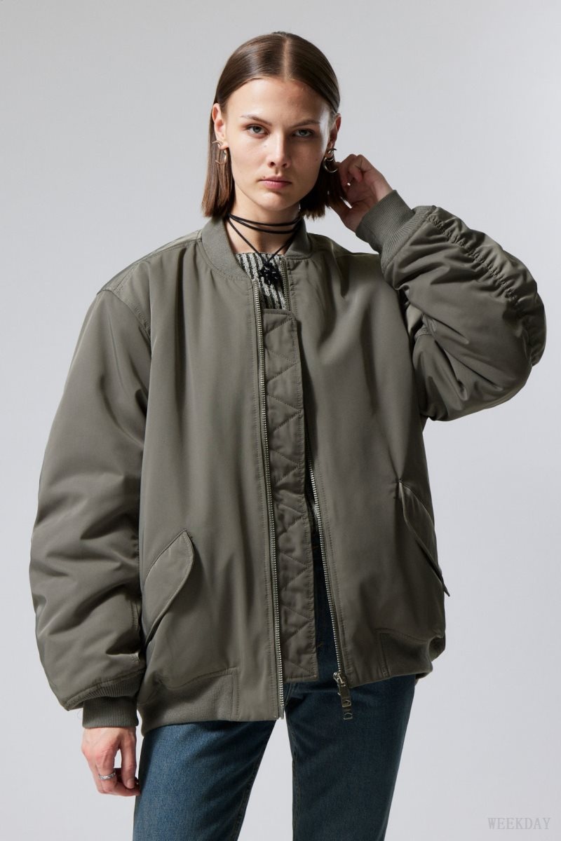 Weekday Lui Oversized Bomber Jacket Khaki Green | KFNE2166