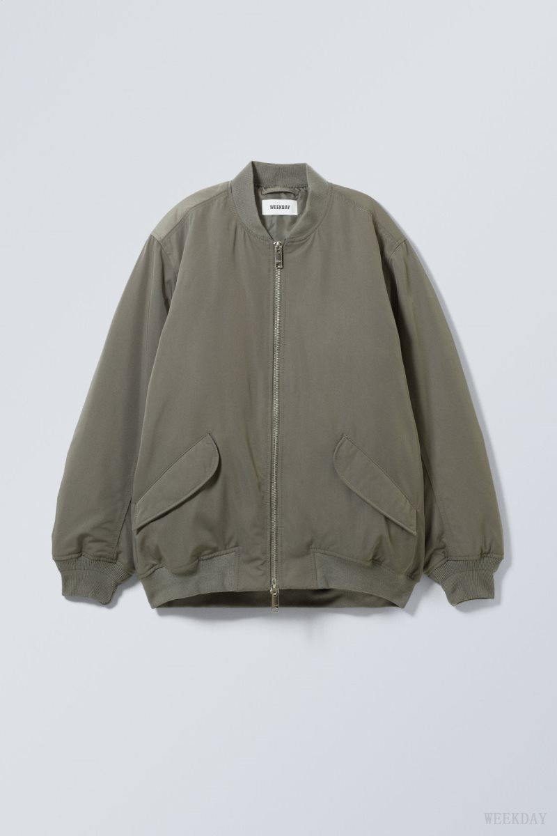 Weekday Lui Oversized Bomber Jacket Khaki Green | KFNE2166