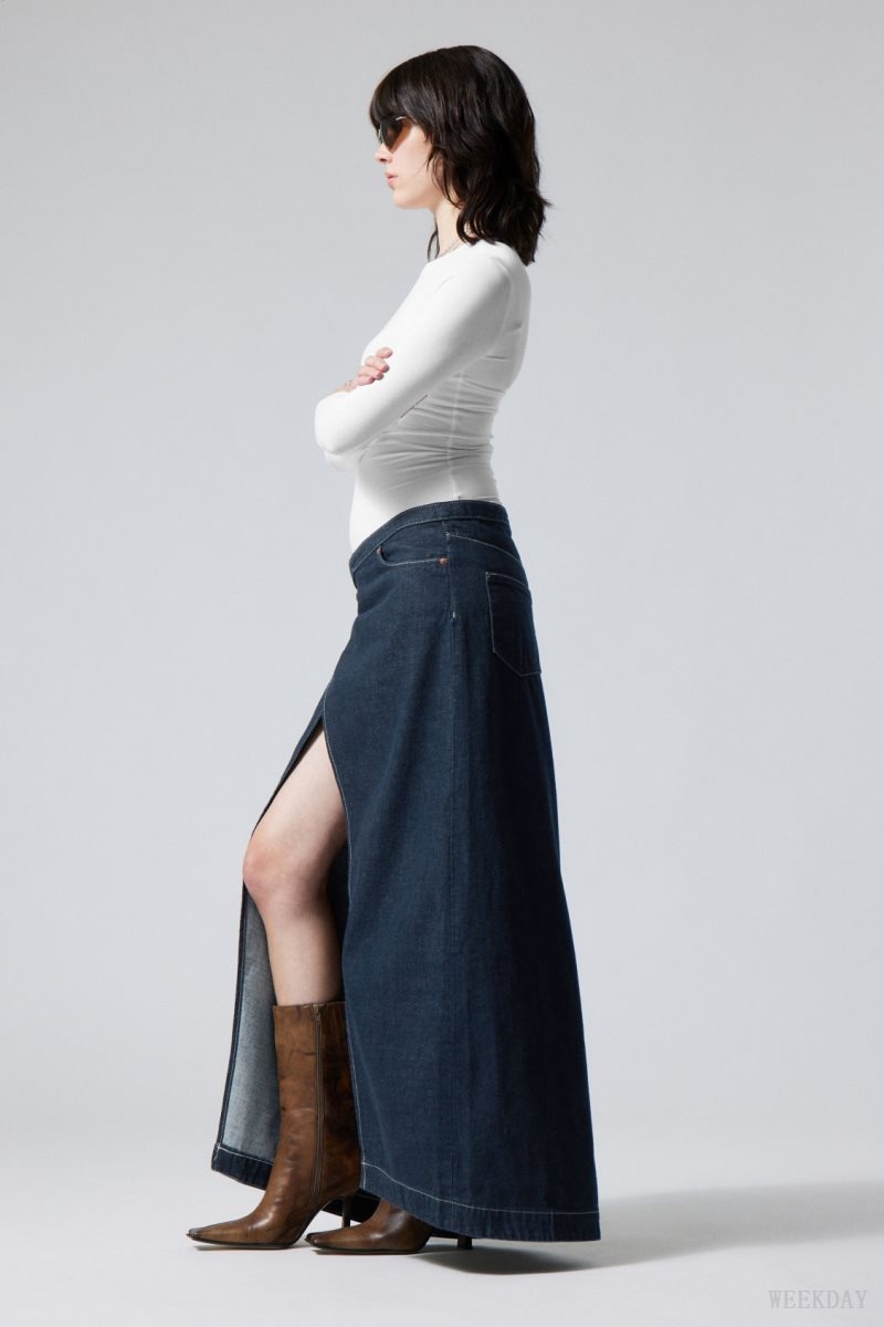 Weekday Main Denim Long Wrap Skirt Blue | LWXB9674