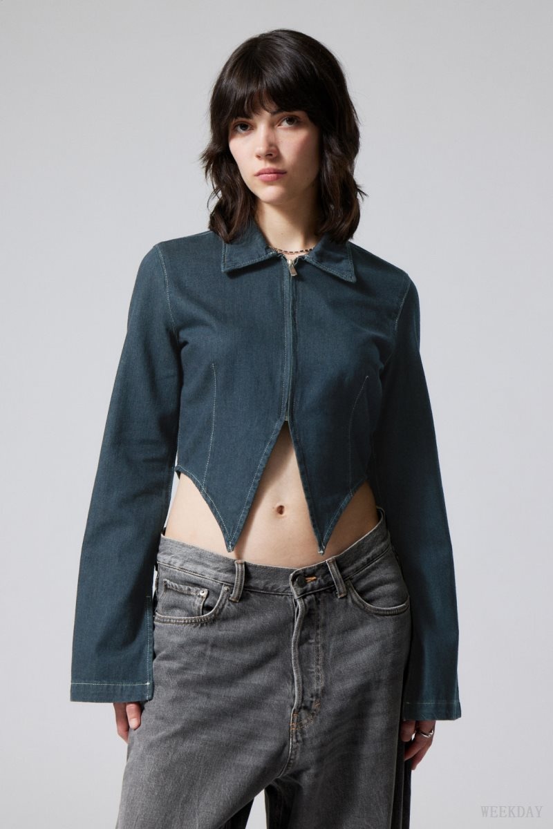 Weekday Main Denim Split Front Zip Shirt Blue | ZHUI6127