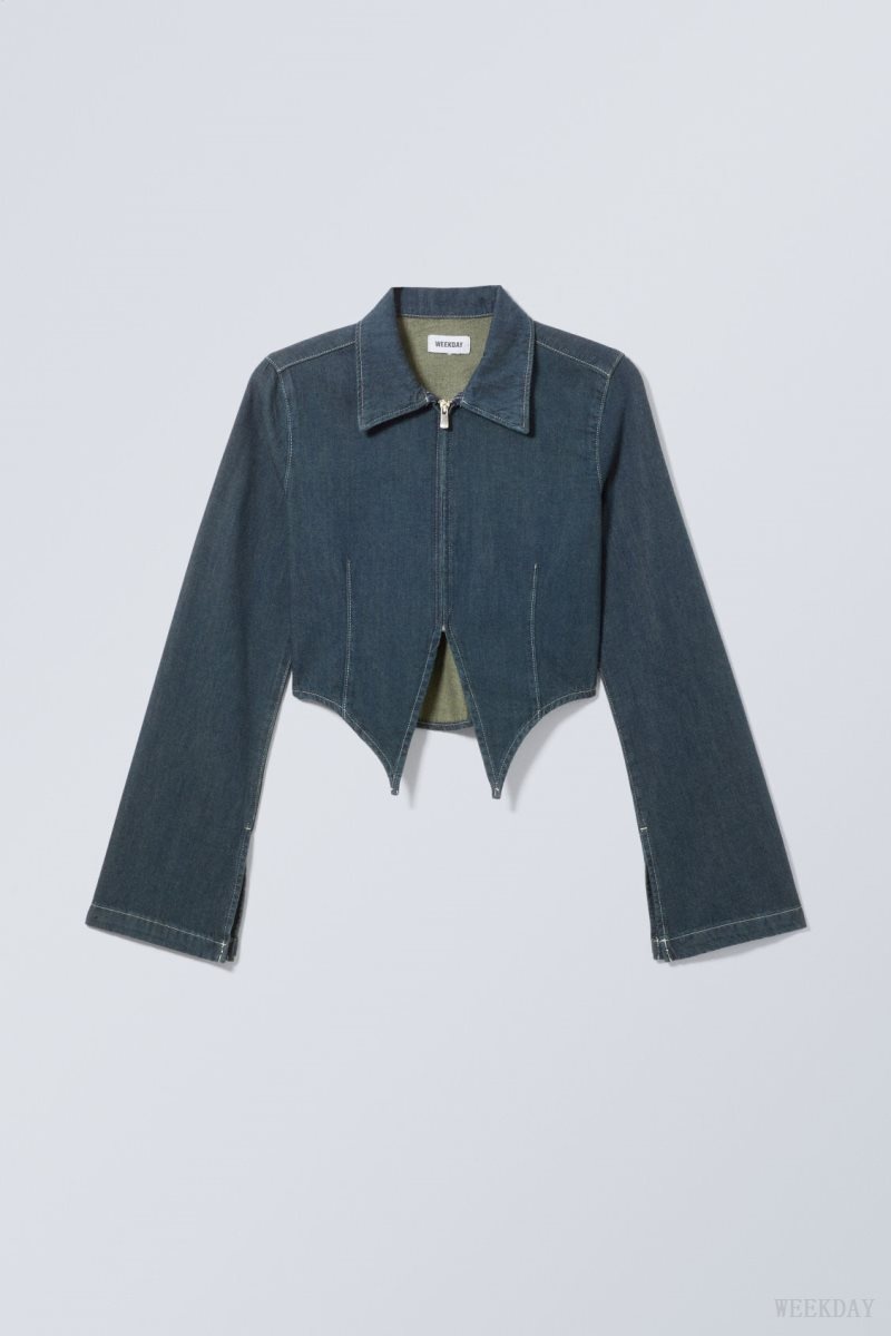 Weekday Main Denim Split Front Zip Shirt Blue | ZHUI6127