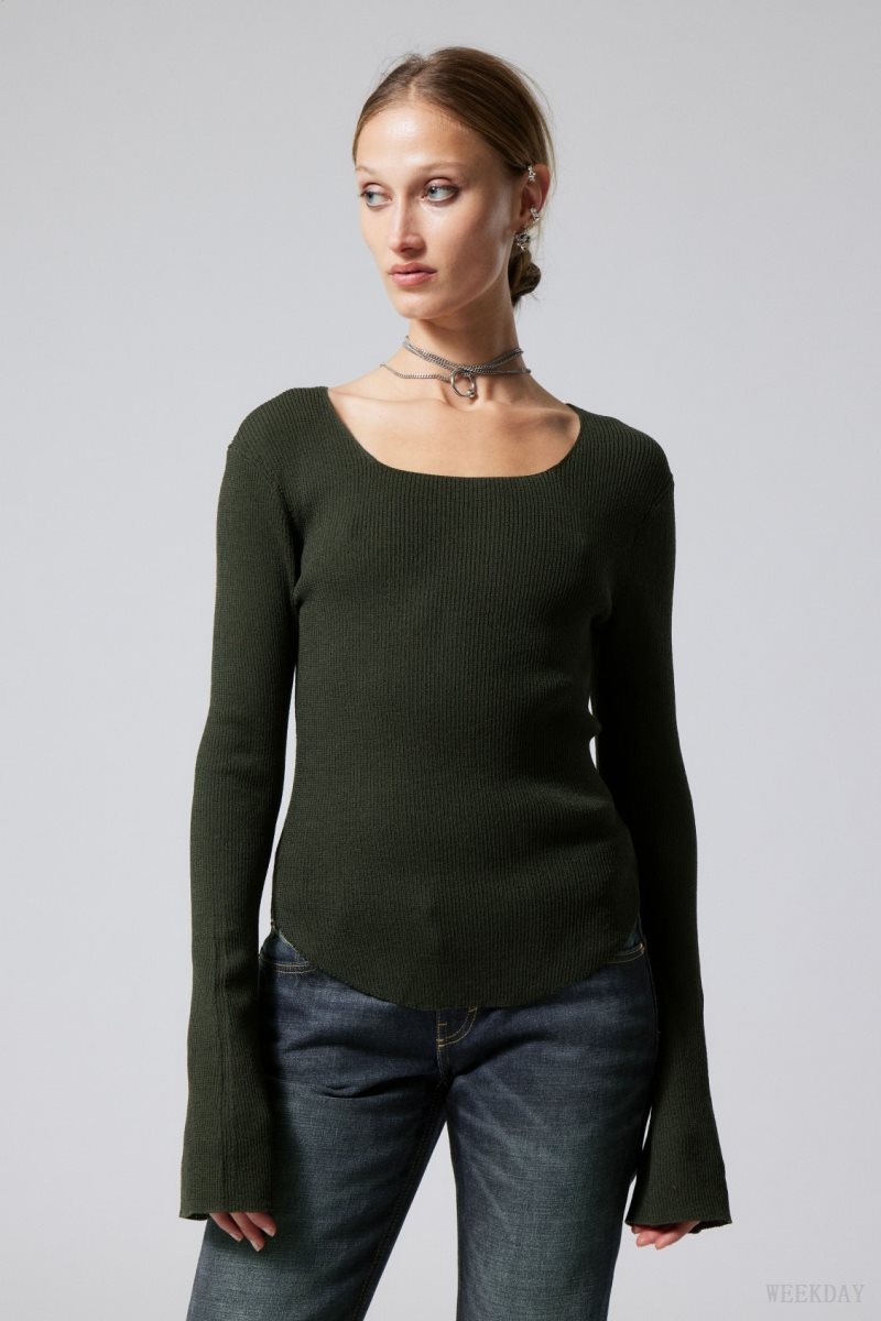 Weekday Nadina Square Neck Sweater Dark Green | XDRI5633