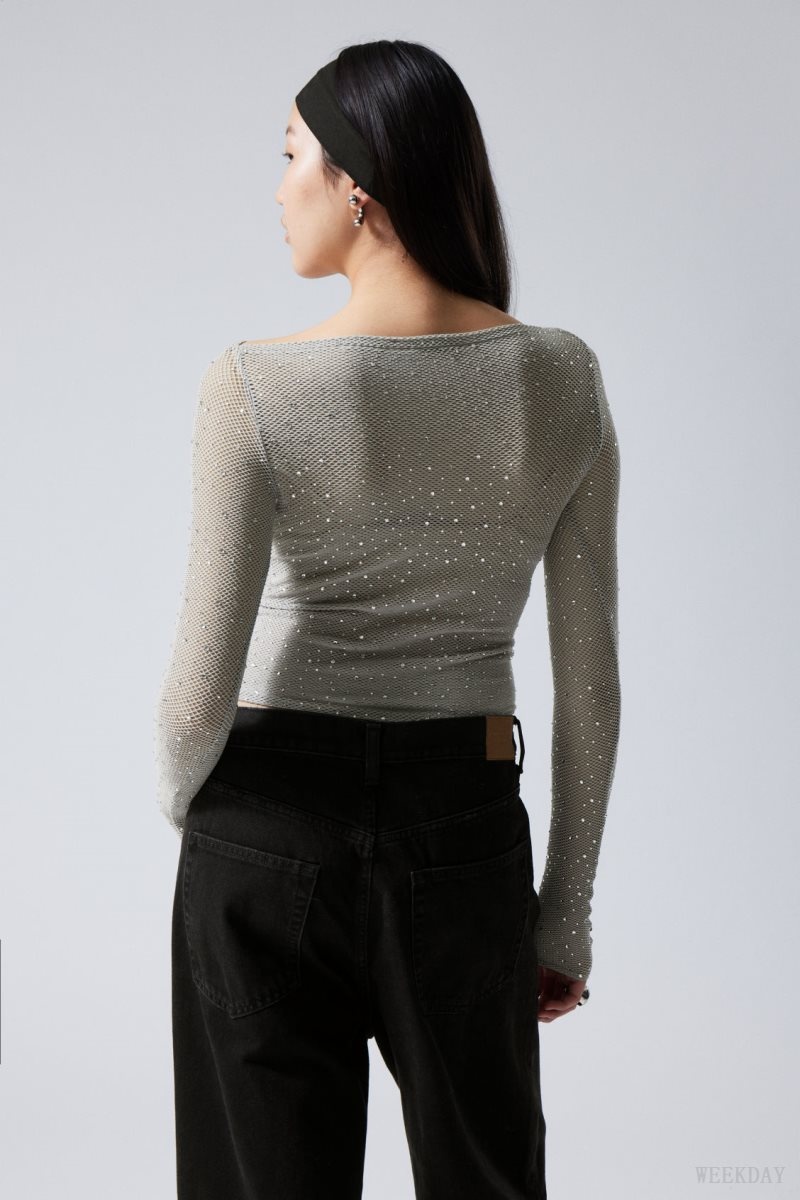 Weekday Net Rhinestone Long Sleeve Top Grey | DEMK3782