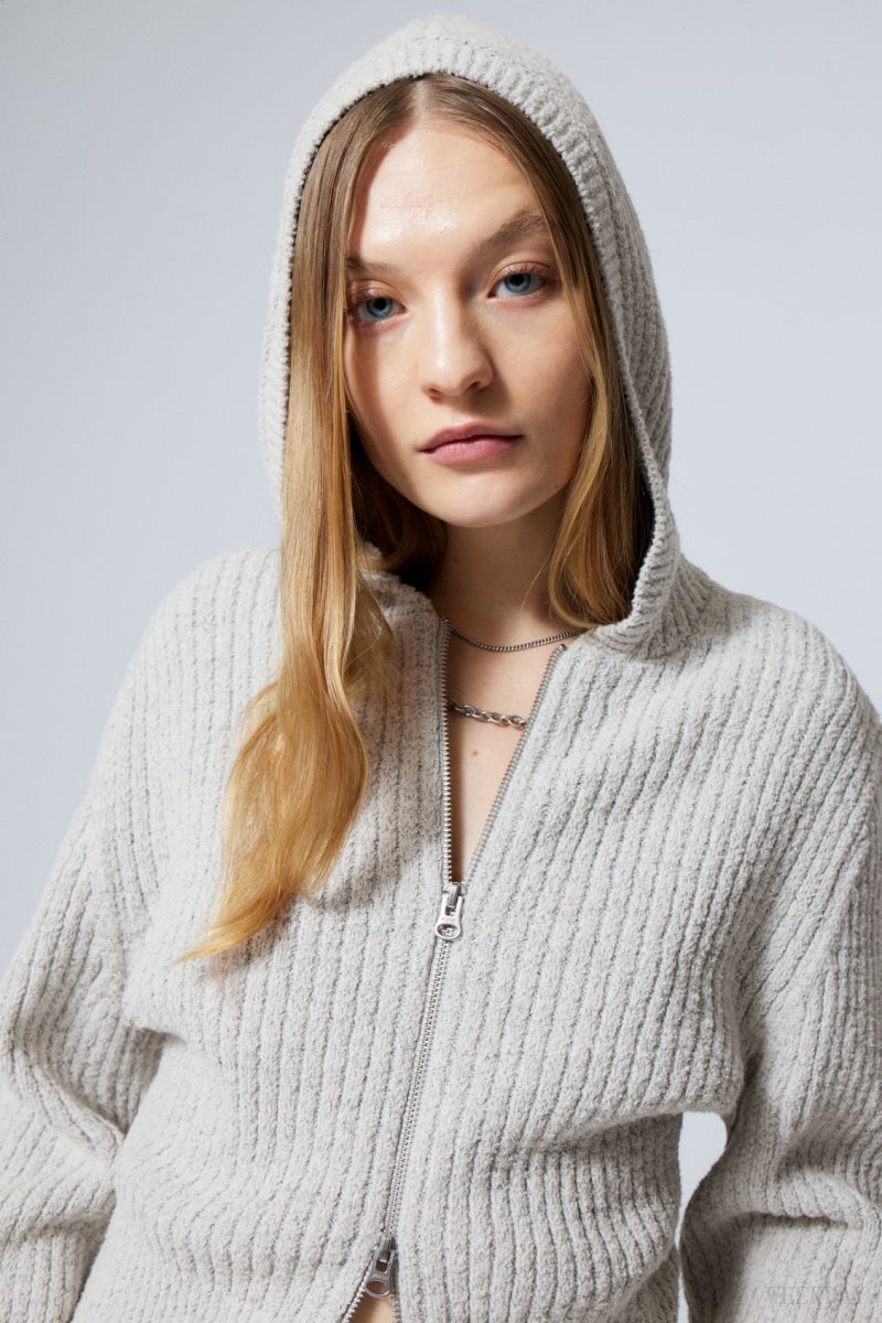 Weekday Ofelia Rib Knit Zip Hoodie White | MQLY7154