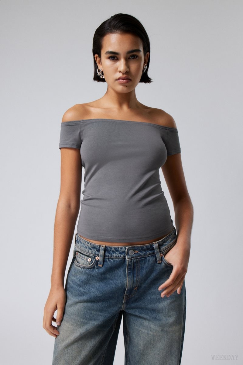 Weekday Off Shoulder T-shirt Dark Grey | RKPQ8299