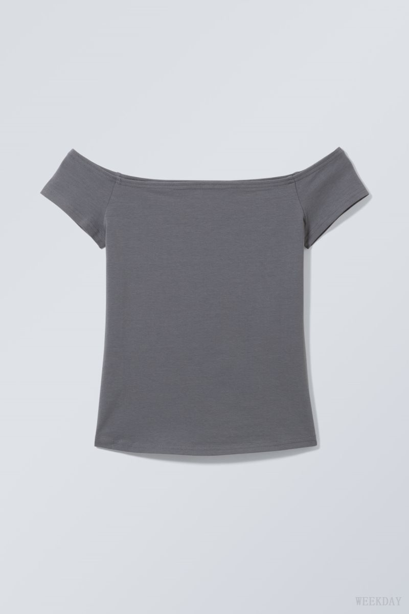 Weekday Off Shoulder T-shirt Dark Grey | RKPQ8299