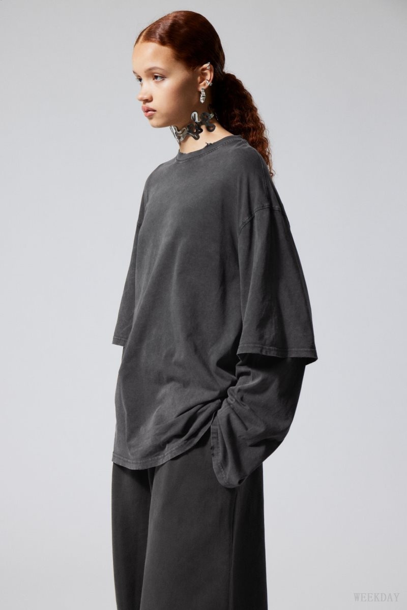 Weekday Oversized Double Longsleeve Top Wash Black | UUHM0981