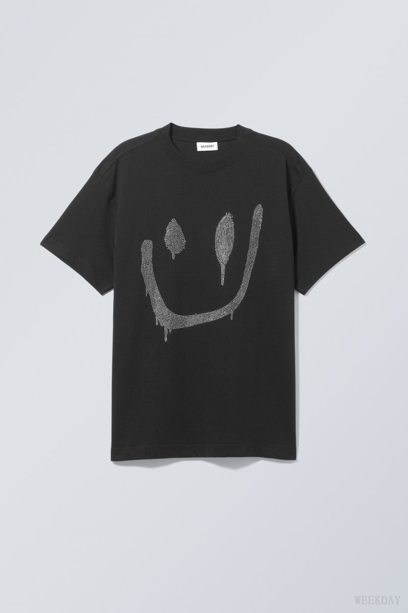 Weekday Oversized Graphic Printed T-shirt Drippy Rhinestone Smiley | NWSH1876