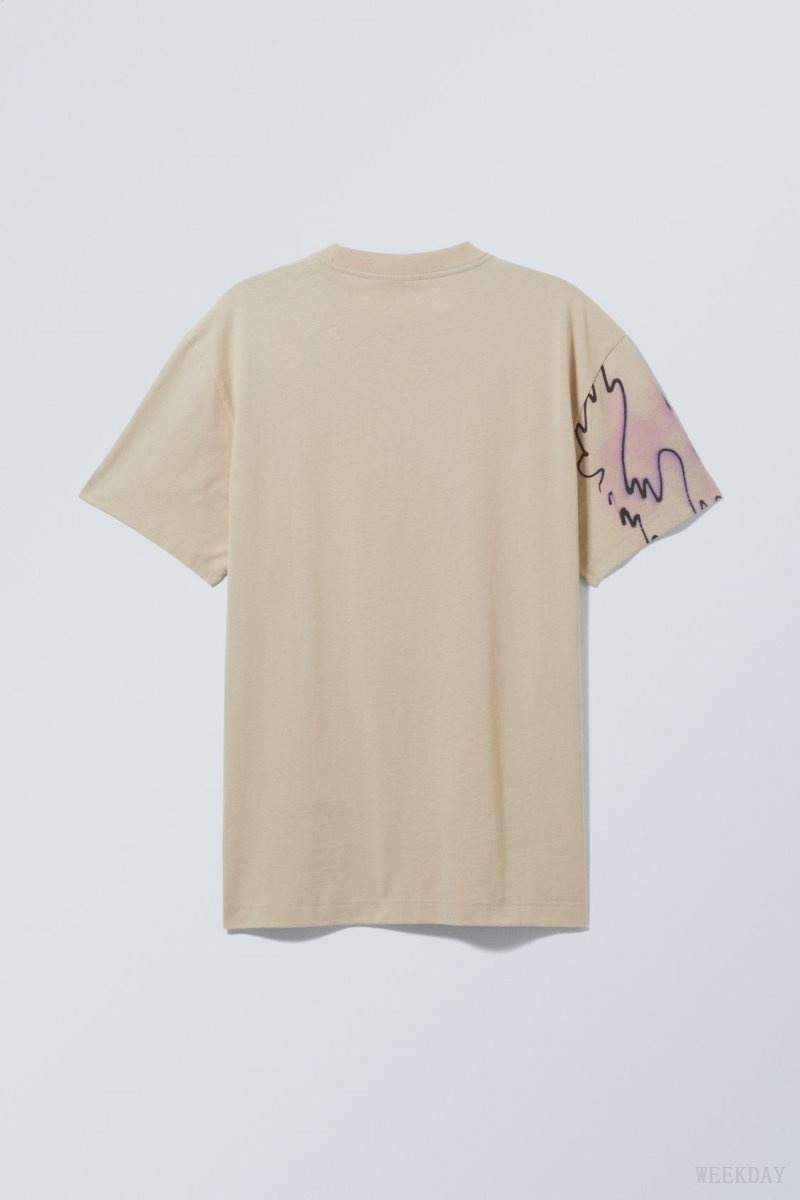 Weekday Oversized Graphic Printed T-shirt Beige | JYVQ3797