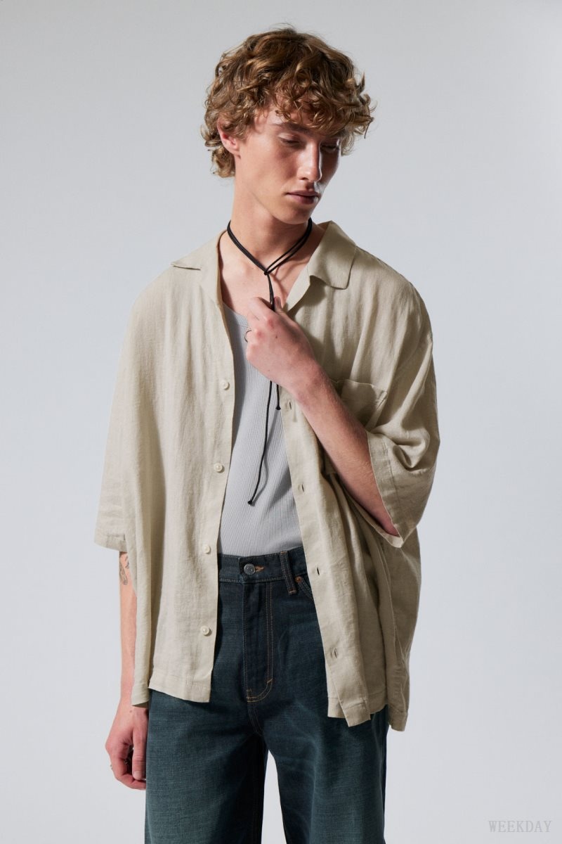 Weekday Oversized Linen Short Sleeve Shirt Ecru | NRIY1786