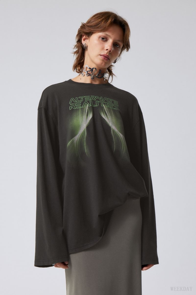 Weekday Oversized Printed Long Sleeve T-shirt Alternate Realitites | QUDF9186