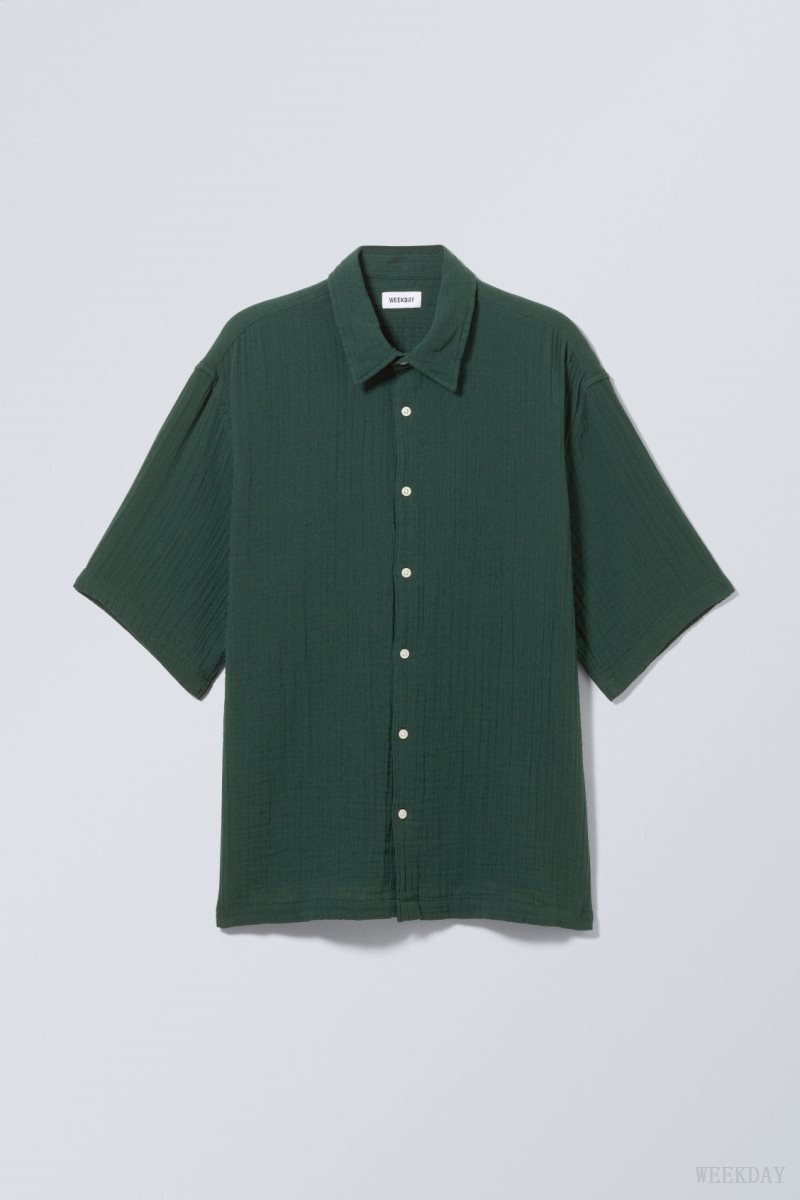 Weekday Oversized Structured Short Sleeve Shirt Dark Green | OPON6344