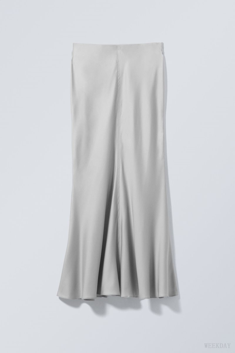 Weekday Paige Satin Long Skirt Light Grey | BBLS3982