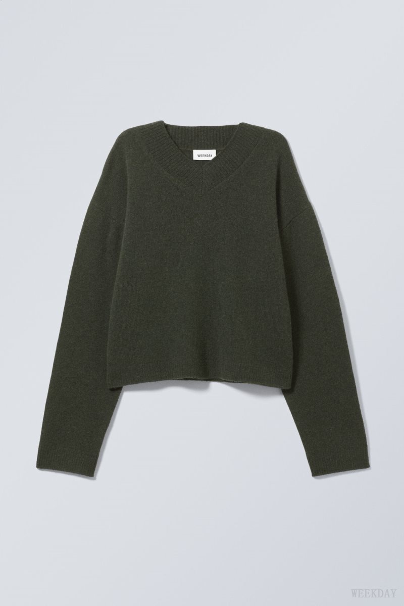 Weekday Reese V-neck Wool Sweater Dark Green | JGYY0255