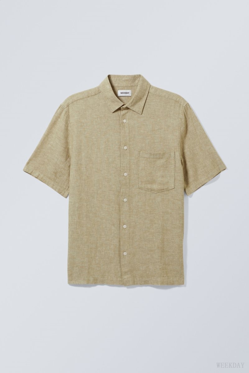 Weekday Relaxed Linen Short Sleeve Shirt Khaki | PKSG5657