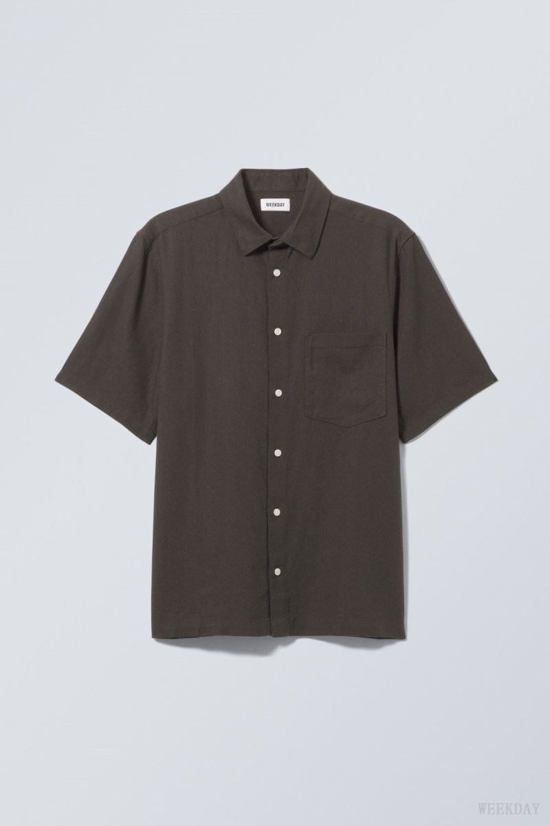 Weekday Relaxed Linen Short Sleeve Shirt Black | OTBJ3881