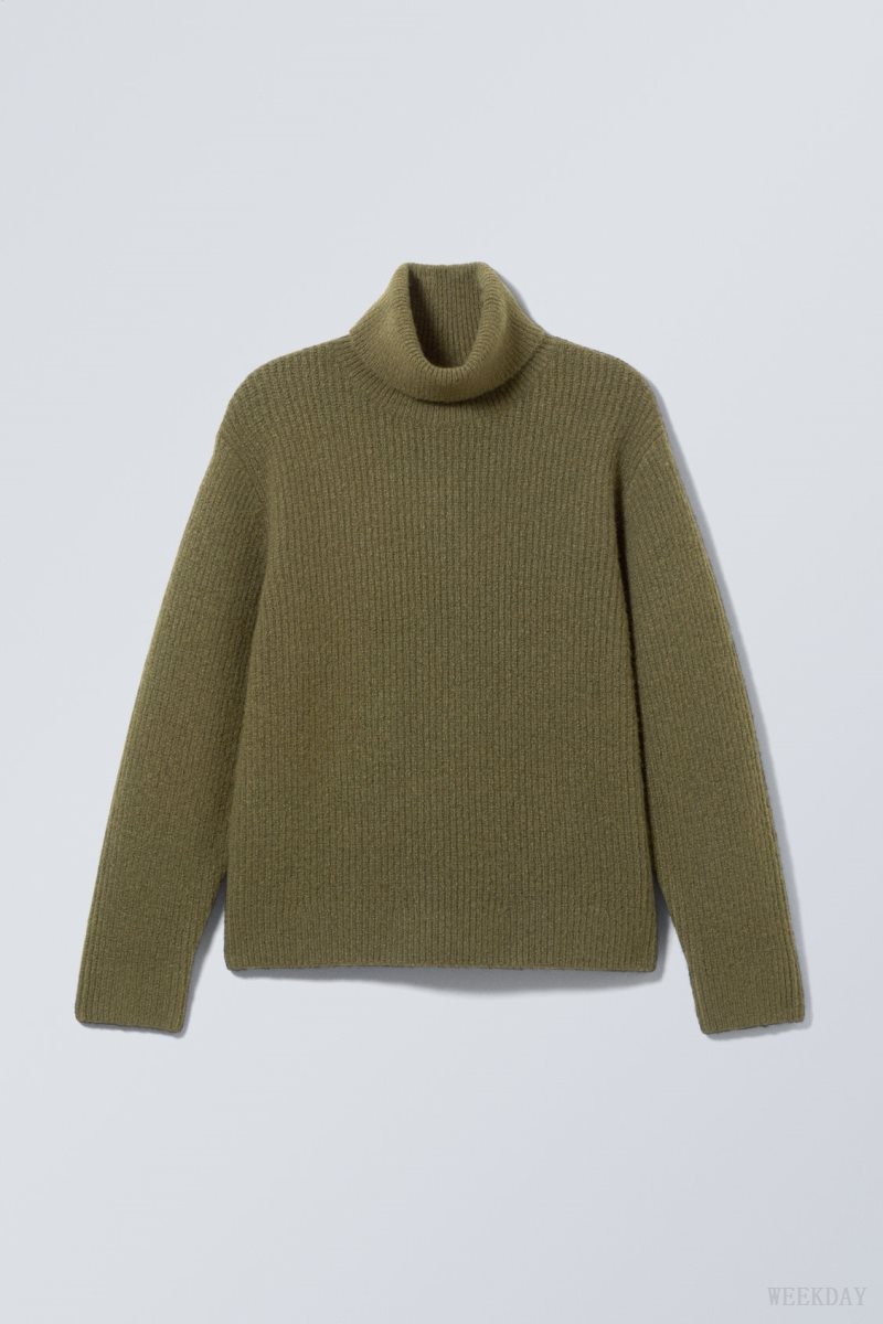 Weekday Renzo Relaxed Wool Blend Turtleneck Khaki Green | BANO0768