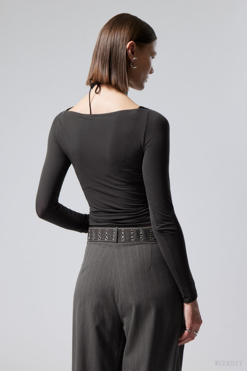 Weekday Sheer Boatneck Long Sleeve Dark Grey | KKAX4404