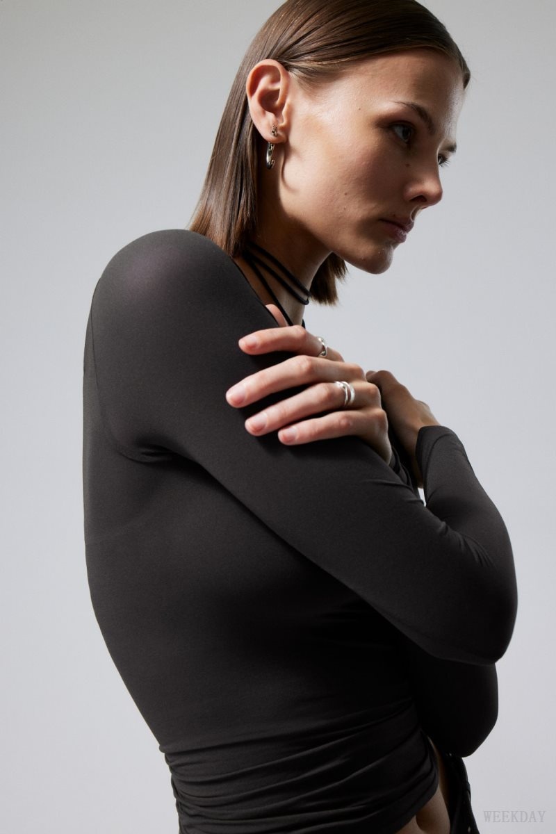 Weekday Sheer Boatneck Long Sleeve Dark Grey | KKAX4404