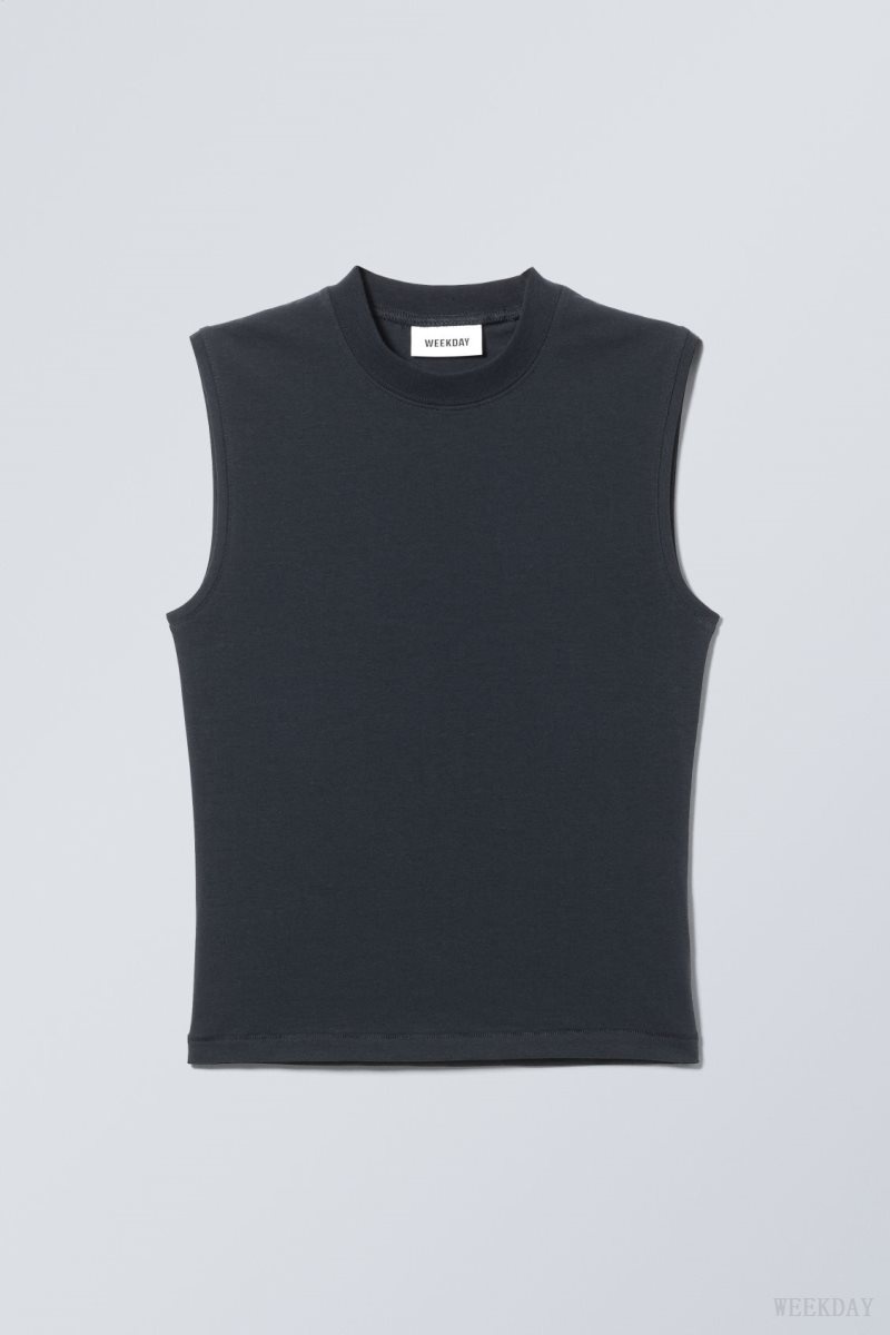 Weekday Slim Mock Neck Tank Top Dark Blue | LZRX6074