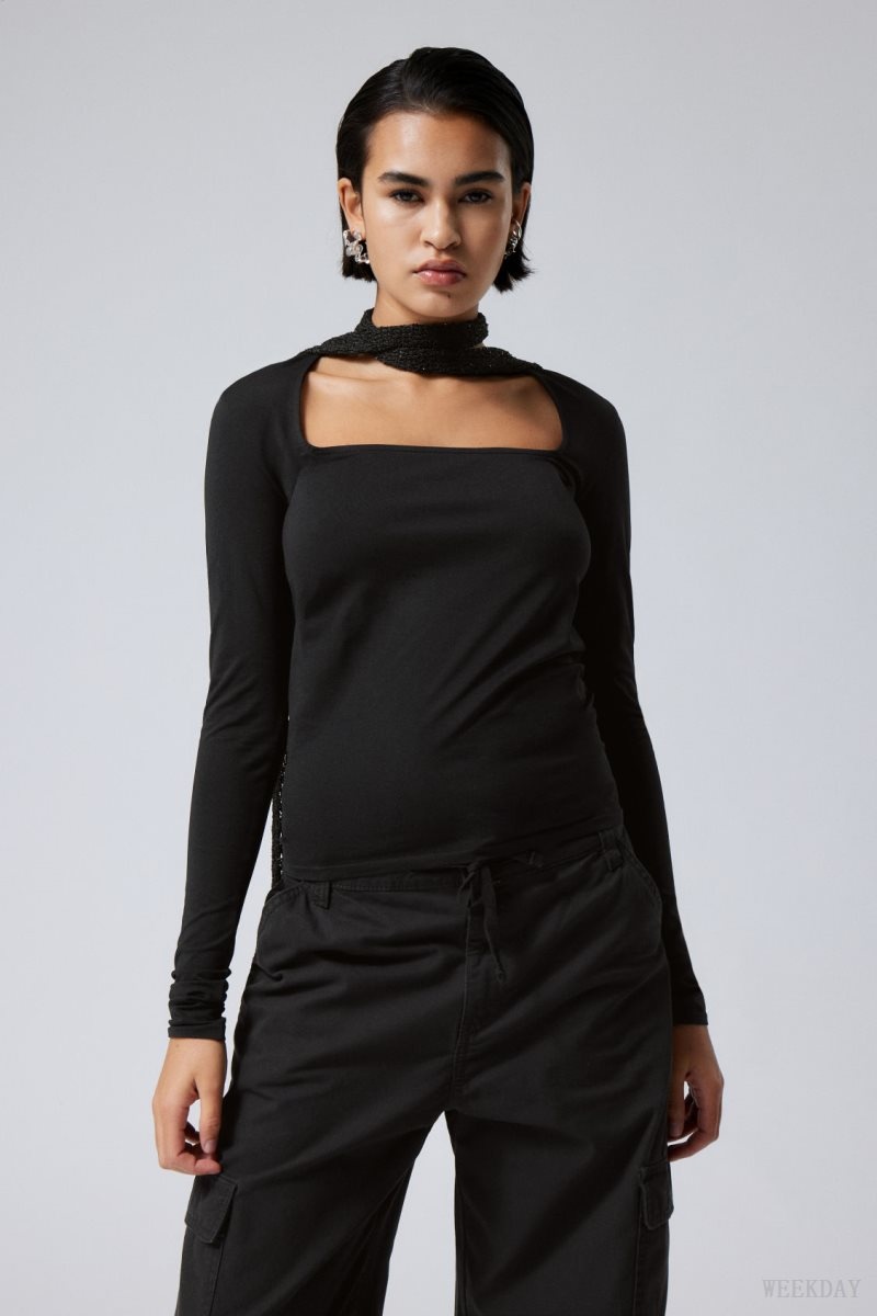 Weekday Square Neck Longsleeve Top Black | ESNE6994