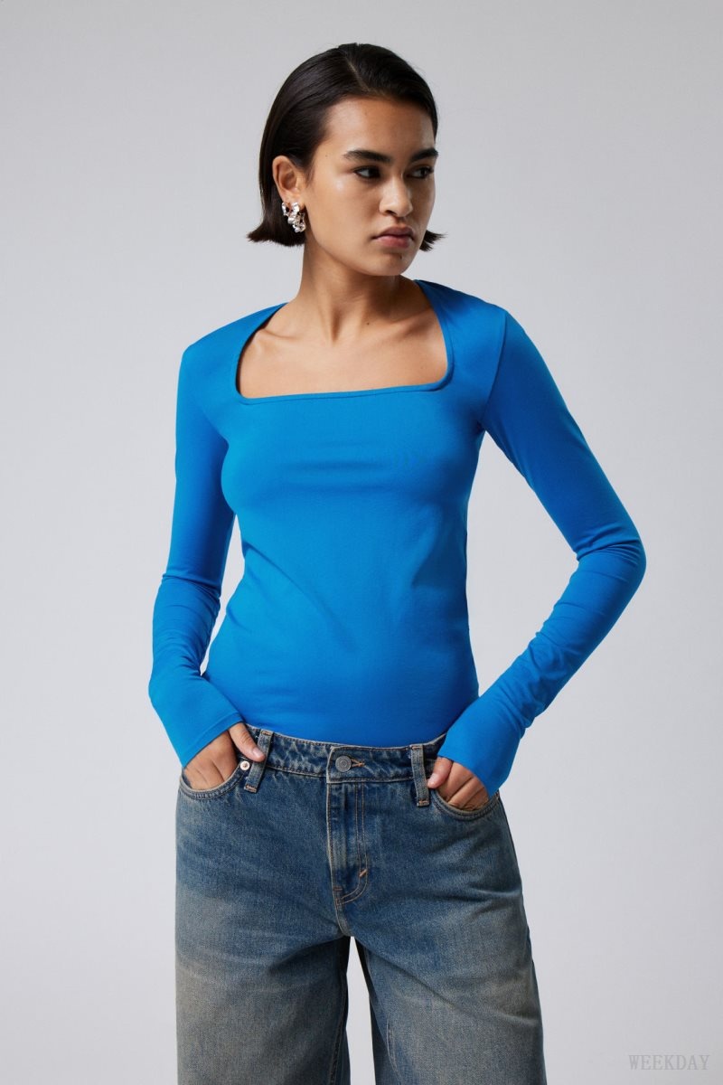 Weekday Square Neck Longsleeve Top Light Blue | UXJQ8099