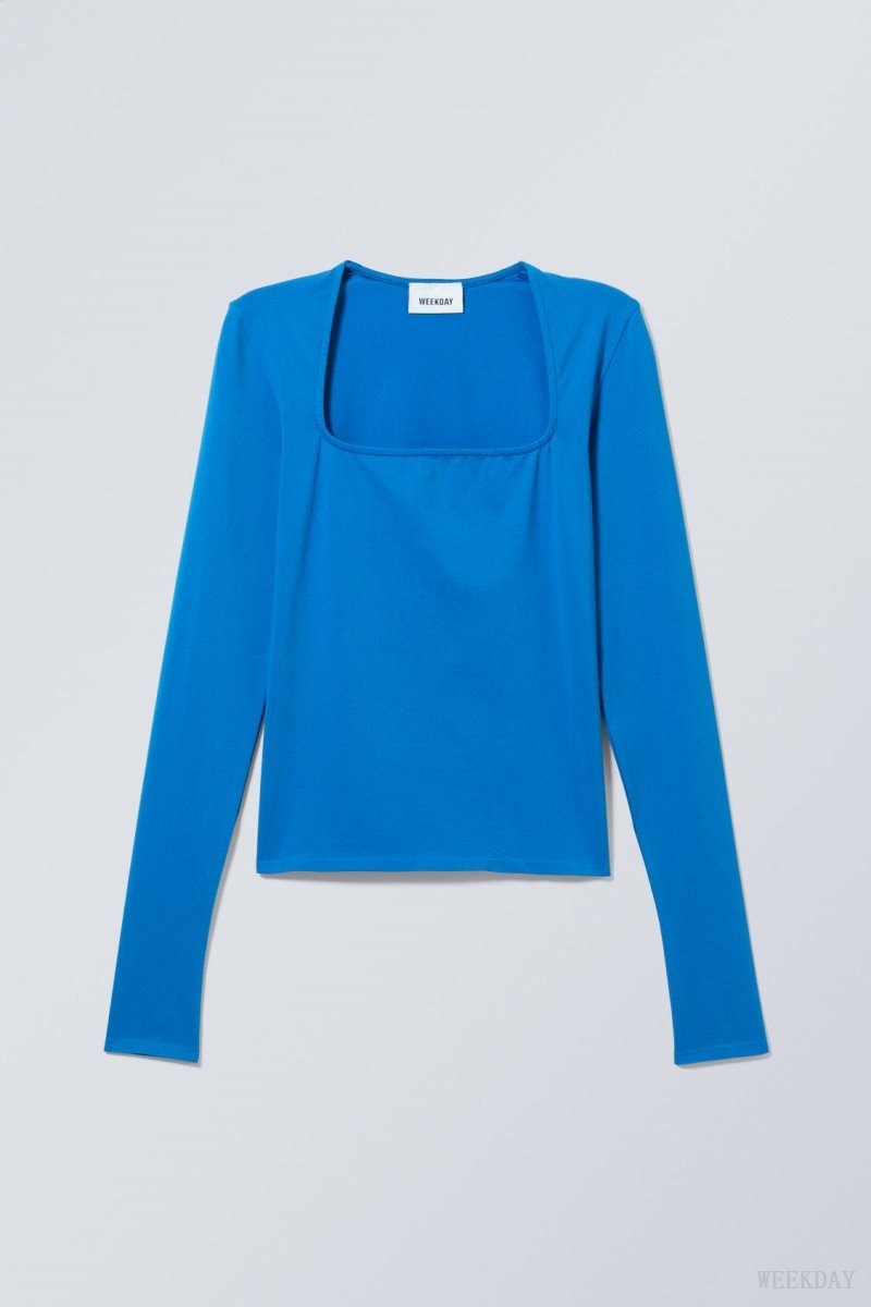 Weekday Square Neck Longsleeve Top Light Blue | UXJQ8099