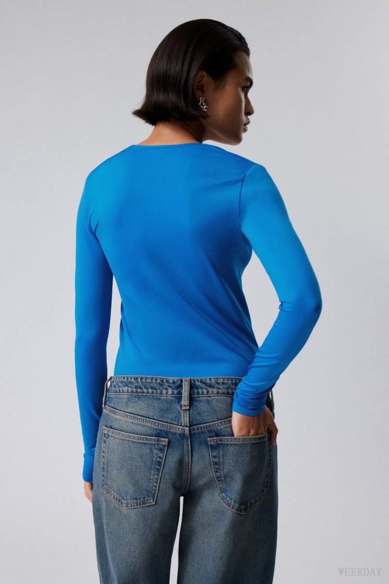 Weekday Square Neck Longsleeve Top Light Blue | UXJQ8099