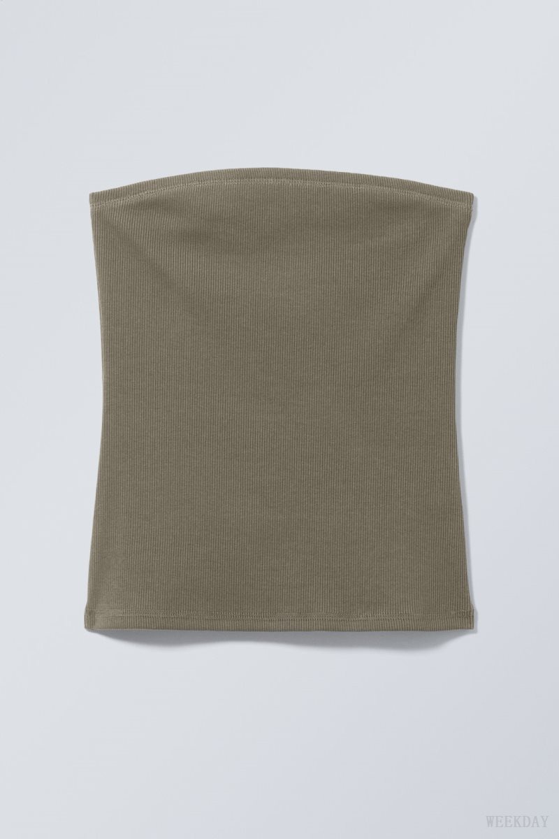 Weekday Tania Rib Tube Top Khaki | OTIK4433