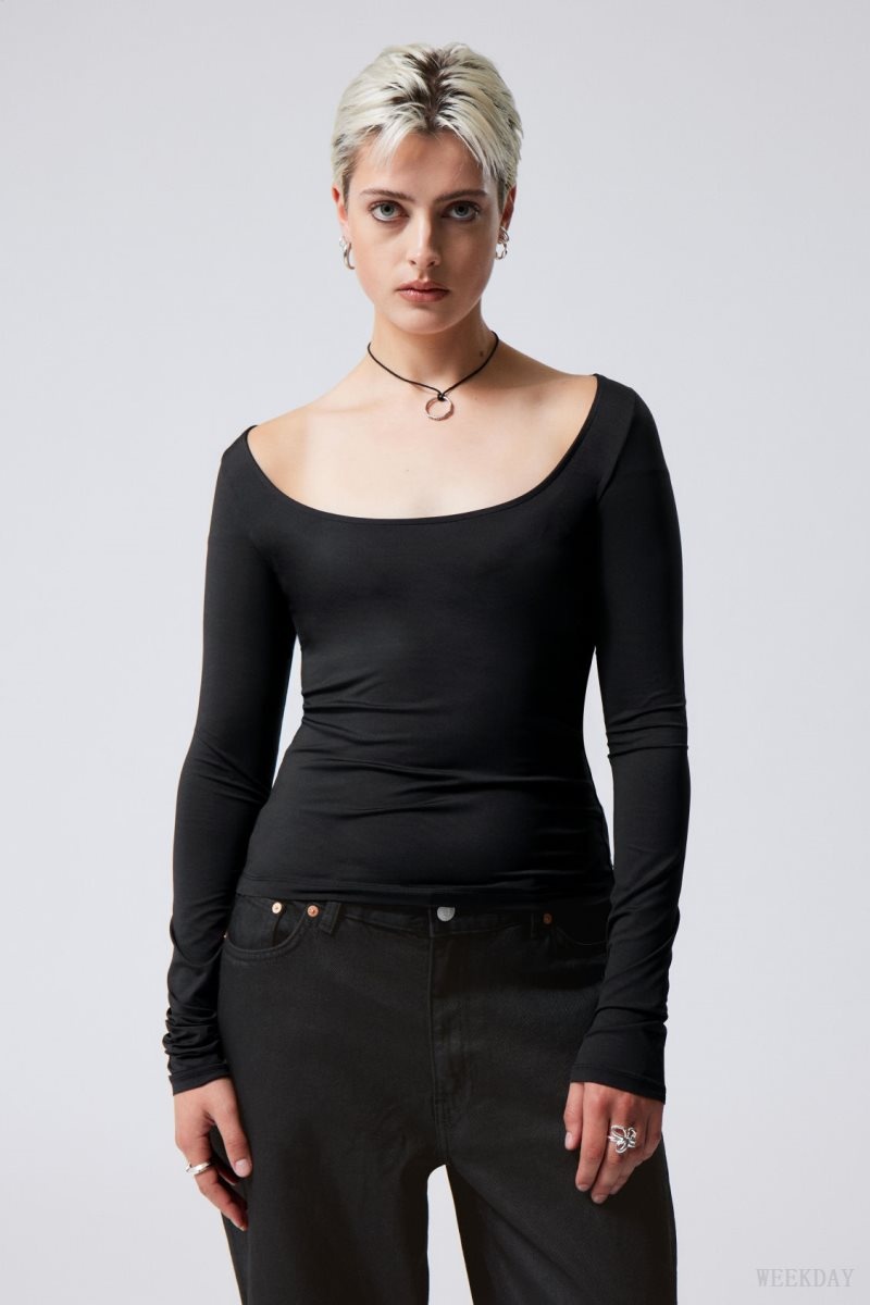 Weekday Tea Scoop Neck Long Sleeve Top Black | SUCZ8206