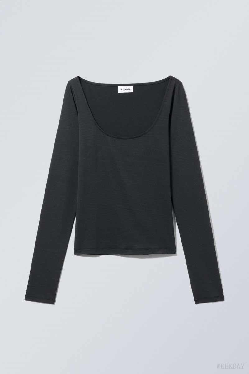 Weekday Tea Scoop Neck Long Sleeve Top Black | SUCZ8206